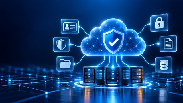Secure cloud computing infrastructure with protective shield icon connecting server racks and encrypted digital data storage networks