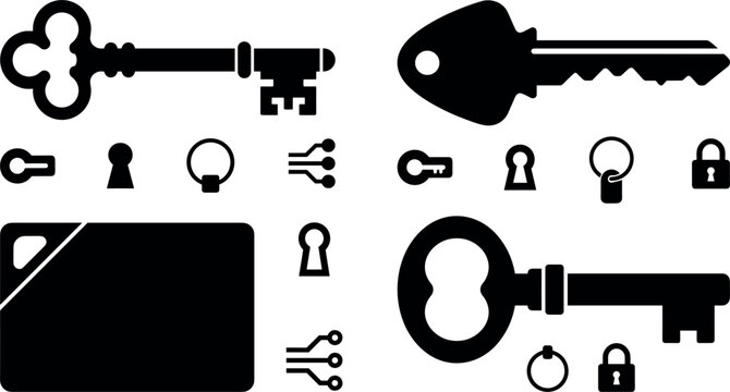 Black silhouettes of various keys keyholes and a card with circuit elements on a white background