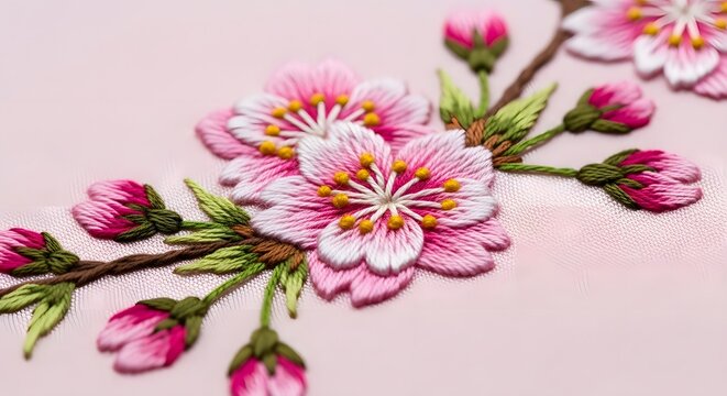 Detailed close up of beautiful pink cherry blossom embroidery on smooth fabric background