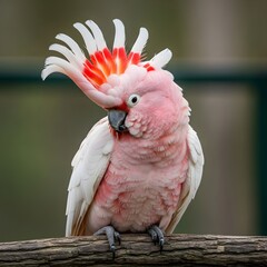 Major mitchells cockatoo perched on a branch displaying vibrant pink and white crest plumage