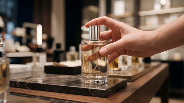 editorial luxury close-up of a customer's hand picking up a minimalist unbranded glass perfume bottle from a sophisticated beauty boutique display, elegant cosmetics store