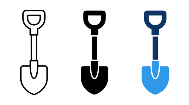 Set of three shovel icons in outline, solid, and blue colored vector styles