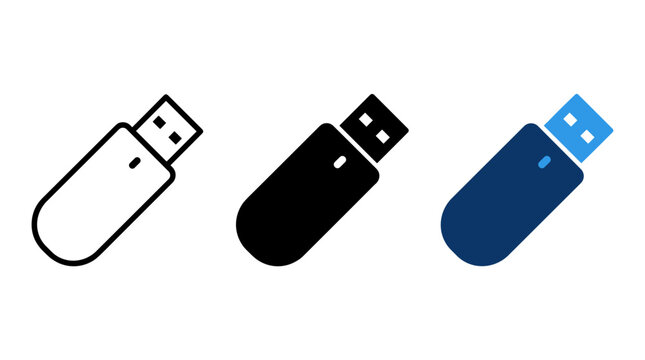 Three usb flash drive icon variations including line art and solid blue styles