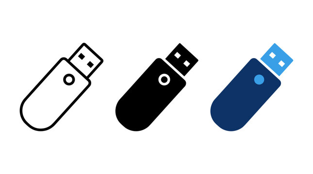 Three usb drive icon designs featuring outline and blue color theme variations