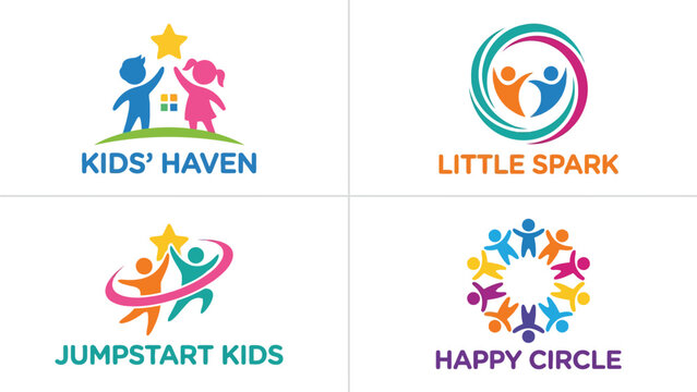 Colorful children logo concepts showcasing happy kids reaching for bright stars and playing together