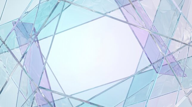 Abstract geometric background with fragmented glass shards in pastel blue, turquoise, and purple. Modern crystal texture, light reflections.