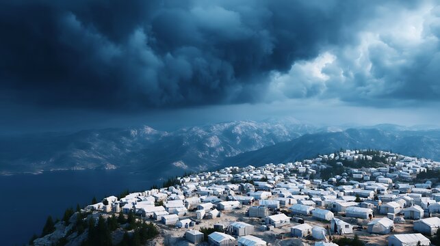 A dramatic storm looms over a coastal town with white buildings perched on a hillside overlooking a dark sea beneath heavy clouds.