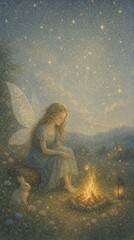 Obraz premium Ethereal fairy with wings by a campfire, starry night. Mobile wallpaper.