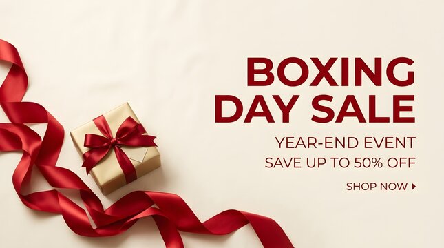 Boxing day sale advertisement with gift box and red ribbon on white background
