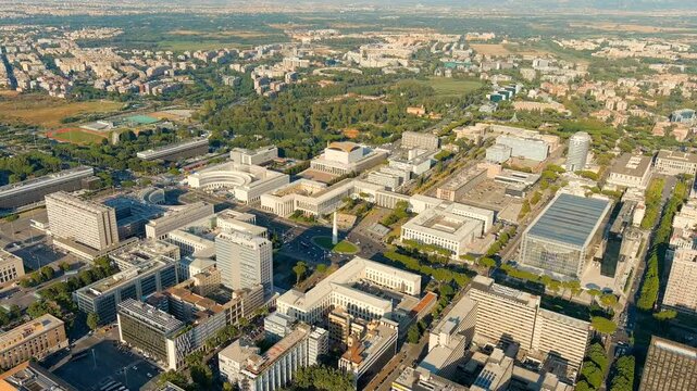 Rome, Italy. Piazza Guglielmo Marconi. District EUR - Quarter is a vast complex of buildings built on the orders of dictator Benito Mussolini. Drone footage, Point of interest