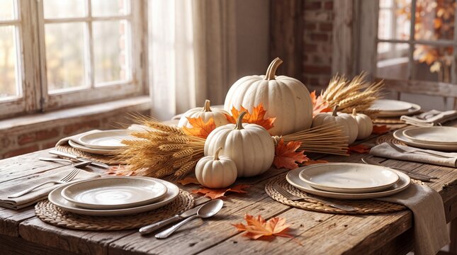 Rustic autumn dining table decorated with white pumpkins and wheat stalks