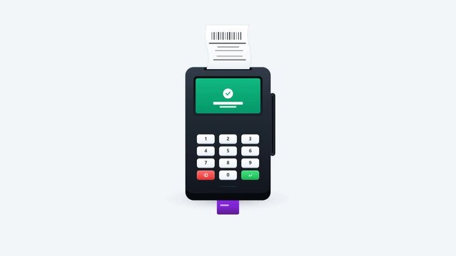 Premium front-facing 3D claymorphic animation loop of an EDC payment terminal processing