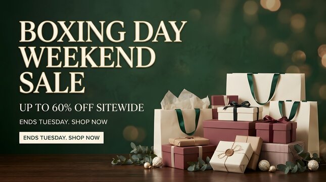 Boxing day weekend sale advertisement with festive gift boxes and greenery background