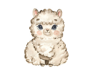 Cute watercolor alpaca - cute little baby llama, fluffy wool character. Illustration for nursery, baby shower, children card, boho collection. © NATALIA