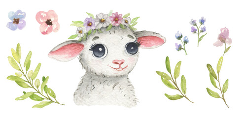 Cute watercolor lamb - cute little baby sheep with floral crown, pink purple flowers, green leaves. Illustration for nursery, baby shower, children card. © NATALIA