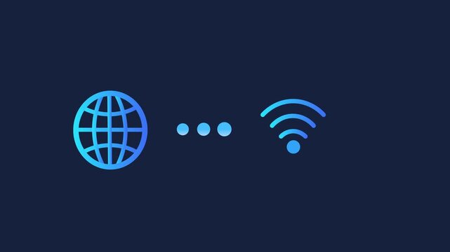 Motion graphic of blue globe grid icon connected to wifi wireless signal icon on dark blue background, depicting global internet connectivity concept.