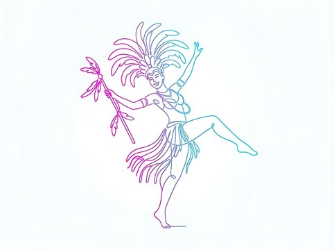 IA generated continuous line art of carnival samba dancer with feather headpiece in gradient colors on white background.