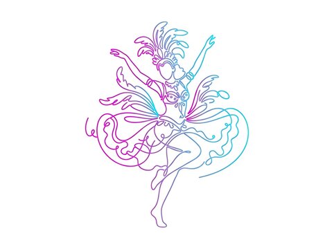 IA generated continuous line art of carnival samba dancer with feather headpiece in gradient colors on white background.