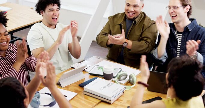 Creative, group or happy people with hands together in office for achievement, winning or good news. Excited, teamwork or employees piling with stack or applause for business celebration in workplace