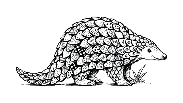 Pangolin vector sketch of a scaly mammal walking through the wild grass