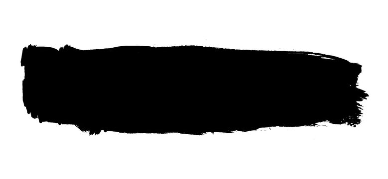black ink brush stroke with dripping effect, resembling paint splatter on white
