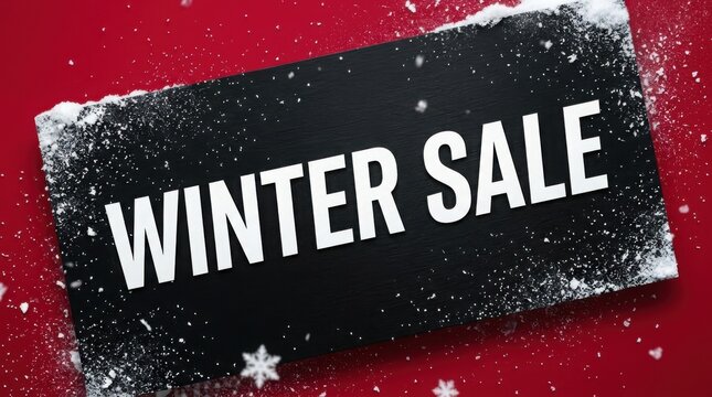 Winter Sale announcement on a black banner dusted with snow against a vibrant red background with snowflakes