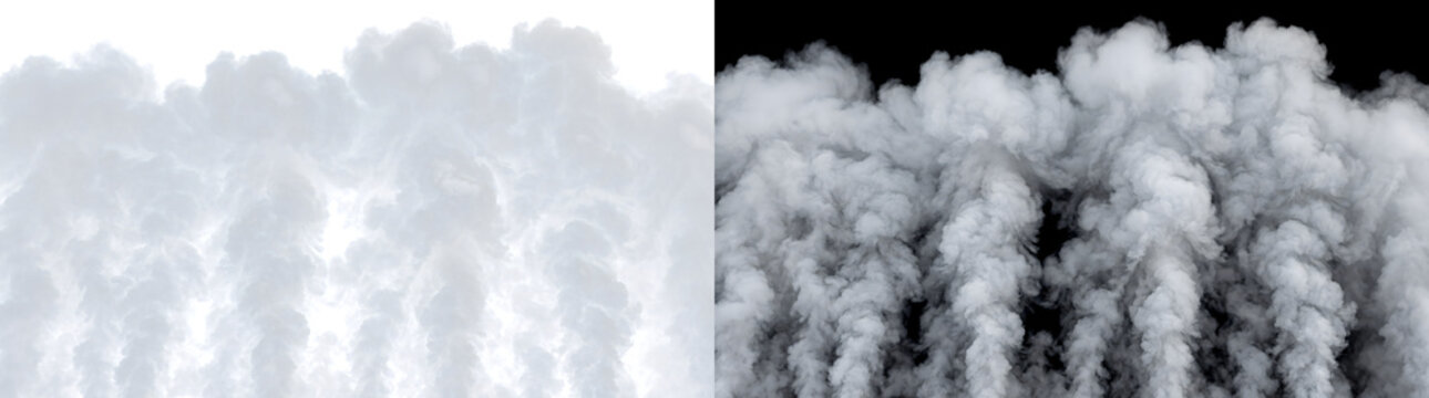 Smoke columns rising side by side with puffy billowing white tops for dramatic scene overlays in PNG, Transparent and Black Background Versions