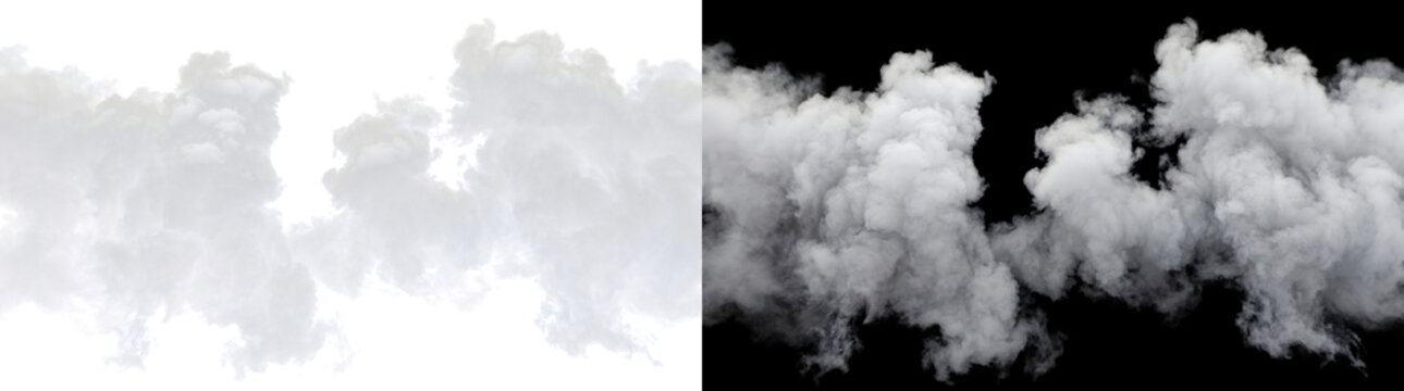 Smoke clouds forming large puffy white masses with soft rounded edges for cinematic scene overlays in PNG, Transparent and Black Background Versions
