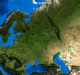 Eastern Europe Terrain Map Illustration. Hillshaded relief illustrating Eastern Europe's varied terrain and coastal boundaries. Elements of the illustration derived from NASA Imagery and SRTM DEM. © Eugene Ga
