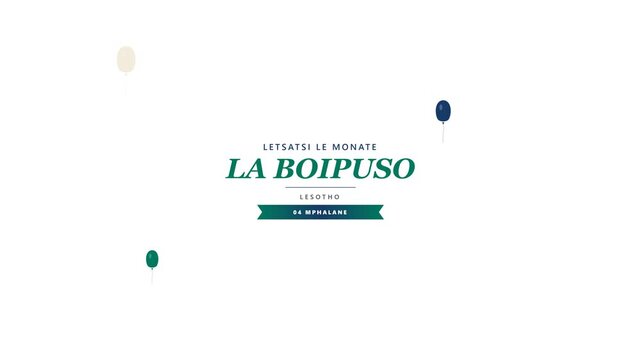 Lesotho Independence Day animation of colorful balloons floating on a white background with Sesotho text