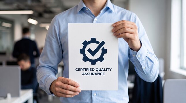 Professional businessman in blue shirt holds white paper displaying dark blue certified quality assurance gear icon with check mark symbol