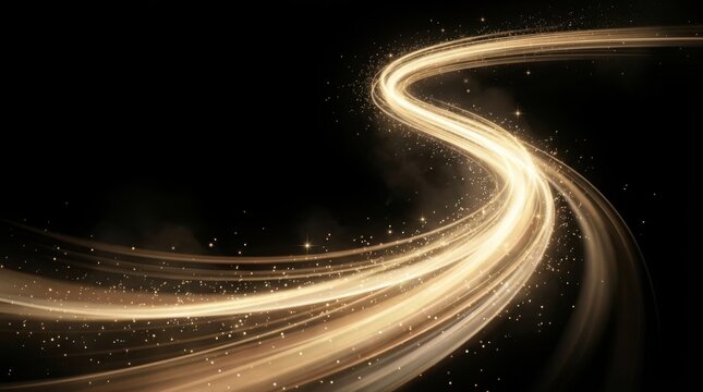 Golden light trails curving through darkness with sparkling particles suggesting motion and energy