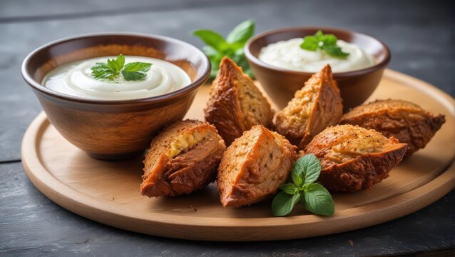 Crunchy fried kibbeh served in a small cone shape with a dollop of creamy yogurt sauce and chutney on the side, traditional Arabian treat, crispy exterior