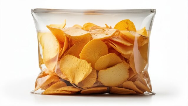 A colorful bag of crispy potato chips with a transparent plastic window on the front and back side, showcasing the crunchy interior , snack food, food packaging