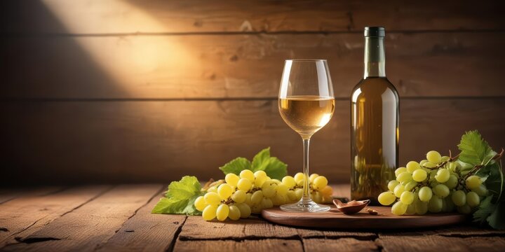 Warmly lit table setting with a crystal glass, white wine bottle and a few fresh grapes on a wooden background, conveying elegance and sophistication, sophisticated, glassware
