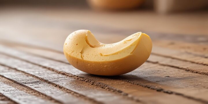 Close-up image of single organic cashew nut on a wooden surface with natural textures and subtle grain patterns , nutty, earthy