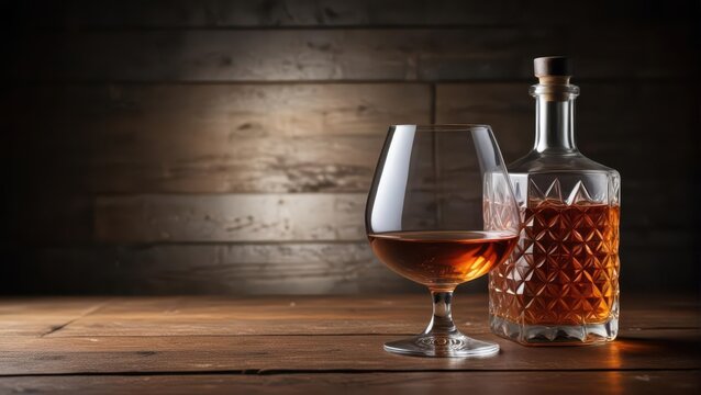 Luxurious brandy bottle with full glass on dark wooden table, liquor, table,  liquor, table, glass, elegance