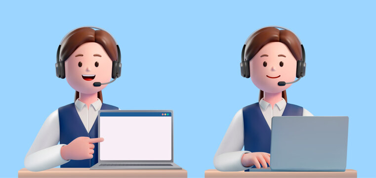 3d female call center agent wearing a headset and using a laptop