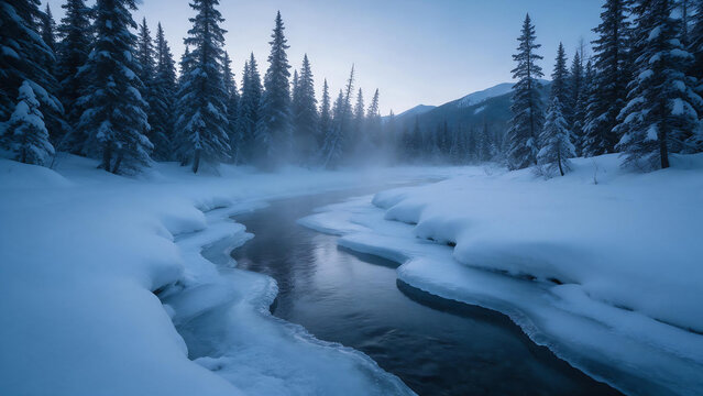 Partly frozen mountain creek through snowy spruce at blue hour