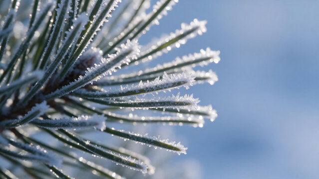 Rime ice on pine needles macro winter texture background