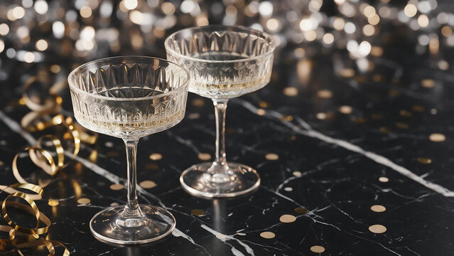 New Year champagne coupes on black marble with gold confetti