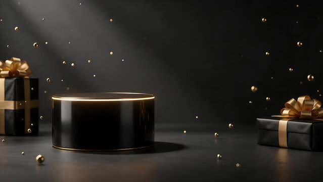 Black and gold empty podium backdrop for holiday sale promotion