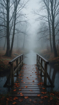 Foggy November footbridge with autumn leaves over a stream