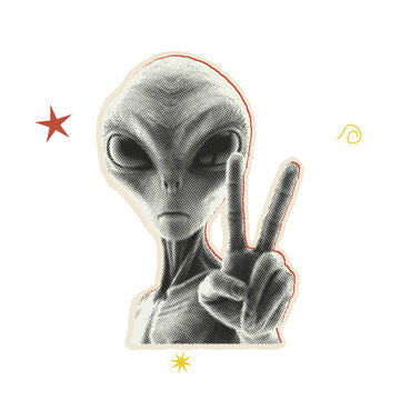 Retro halftone of a grey alien character making a peace sign gesture with star and spiral icons on a white background