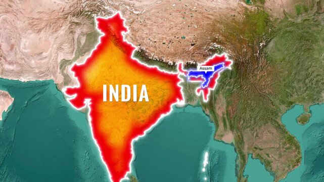 Assam state highlighted on digital map of India video footage
