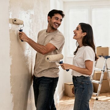 Pareja hispana pintando pared nueva casa juntos