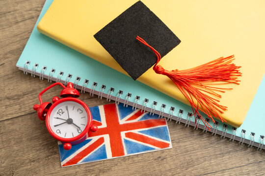 Time to learn English language, book with uk flag.
