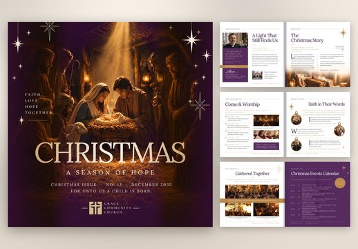 Christmas Church Magazine Template, Christian Parish Newsletter & Bulletin with Nativity, Worship Services and Event Calendar