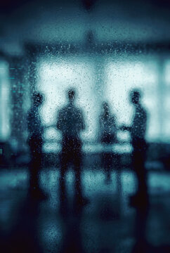 Silhouettes of business people standing behind frosted glass