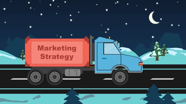 Marketing Strategy Delivery, animated truck transporting business plan, digital advertising and promotional content, flat design concept for online campaigns